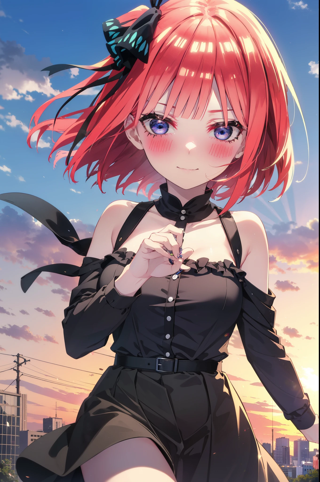 I was silent, nino nakano, short hair, bangs, blue eyes, hair ornaments, Hair Ribbon, Pink Hair, blunt bangs, Both sides up, butterfly hair ornaments,smile,sleeveless black dress,Bare arms,Black long skirt,Cute heeled sandals,sunset,evening,The sun goes down,My hair is blowing in the wind,whole bodyがイラストに入るように,Looking down from above,walk,
break outdoors, city,海岸通り
break looking at viewer, whole body,
break (masterpiece:1.2), highest quality, High resolution, unity 8k wallpaper, (shape:0.8), (Beautiful details:1.6), Highly detailed face, Perfect lighting, Extremely detailed CG, (Perfect hands, Perfect Anatomy),