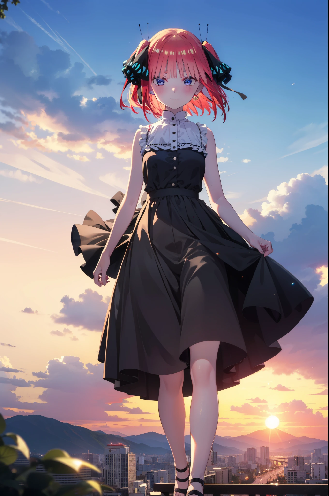 I was silent, nino nakano, short hair, bangs, blue eyes, hair ornaments, Hair Ribbon, Pink Hair, blunt bangs, Both sides up, butterfly hair ornaments,smile,sleeveless black dress,Bare arms,Black long skirt,Cute heeled sandals,sunset,evening,The sun goes down,My hair is blowing in the wind,whole bodyがイラストに入るように,Looking down from above,walk,
break outdoors, city,海岸通り
break looking at viewer, whole body,
break (masterpiece:1.2), highest quality, High resolution, unity 8k wallpaper, (shape:0.8), (Beautiful details:1.6), Highly detailed face, Perfect lighting, Extremely detailed CG, (Perfect hands, Perfect Anatomy),