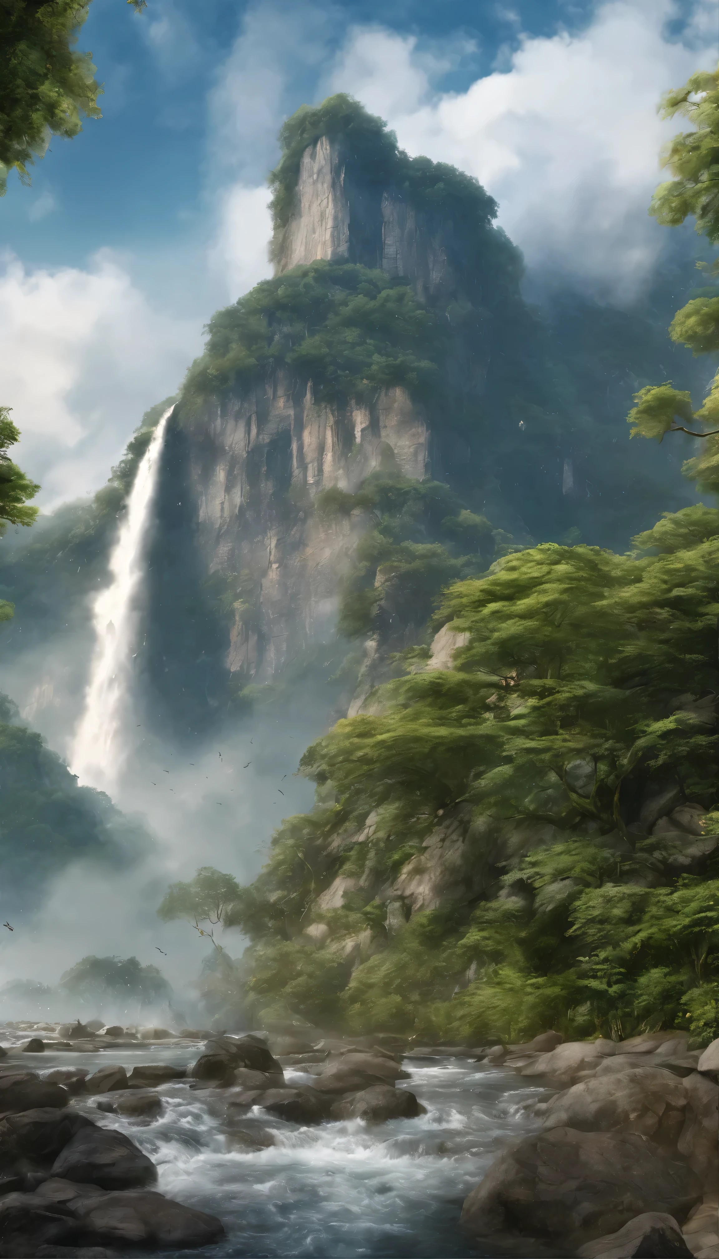 A fascinating masterpiece、Showcasing the highest quality and high resolution、Highly detailed CG created as Unity 8K wallpaper。This scene is set outdoors during the day, teeming with life.、It features a quiet sky covered with mysterious clouds.、I can&#39;t see anyone。A towering mountain covered in lush greenery and jagged cliffs々dominates the landscape、Rivers and tranquil lakes interweave the scene。In the blue sky、A veil of mist from the waterfall dots the、It flows down a rocky cliff。wood々Swaying gently、Adds rhythm to nature。