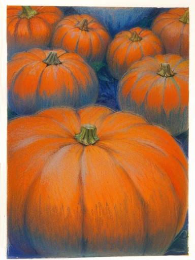 there are many orange pumpkins that are on the ground, pumpkins, pastel art, pumpkin patch, pastel drawing, oil pastel, by Maeda Masao, a pastel, by Kathleen Scott, pastel artwork, pastel painting, by Nancy Graves, colored pencil on paper, by Margaret Leiteritz, medium: colored pencil, colored pencil art on paper, october