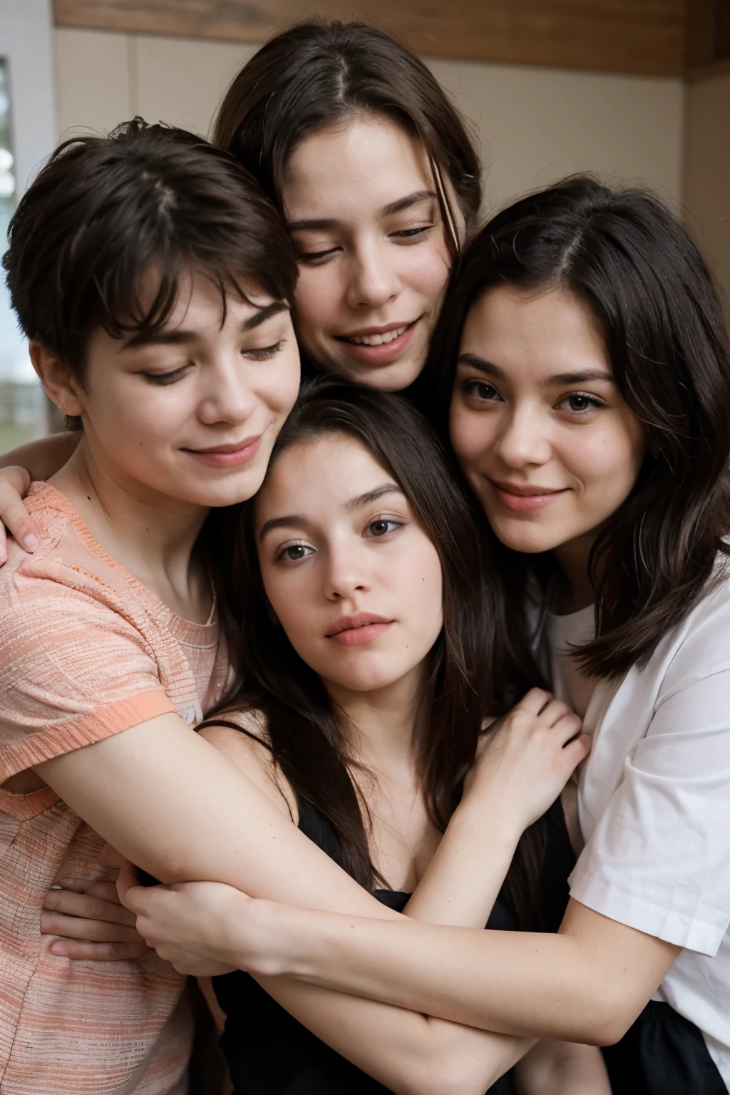 Photo of a person with Down syndrome being hugged by several people of different genders