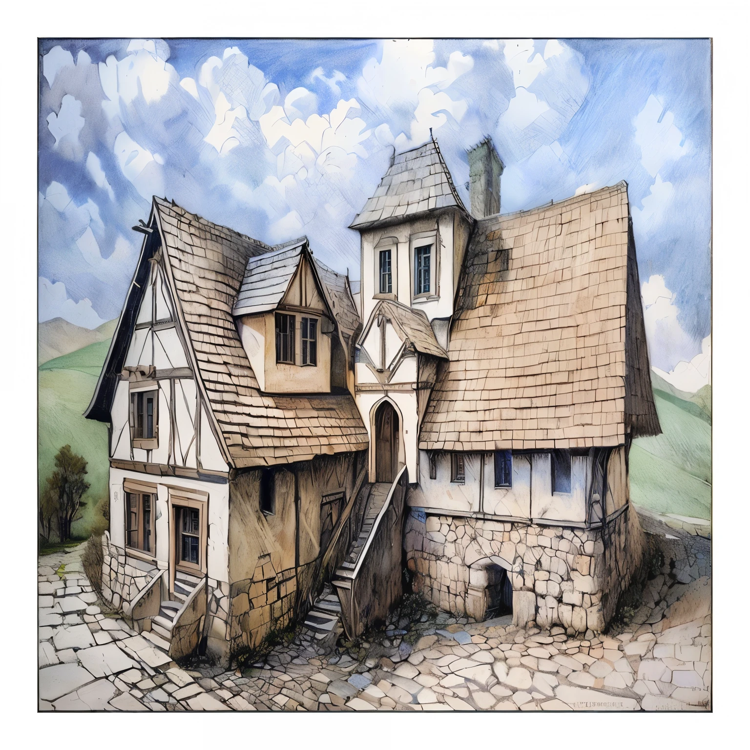 there is a drawing of a house with a staircase going up to it, medieval house, medieval setting, by Grzegorz Rutkowski, medieval tavern, realistic painting of a complex, a small medieval village, medieval village, beautiful artist rendering, inspired by Tadeusz Pruszkówski, inspired by Anton Pieck, medieval architecture