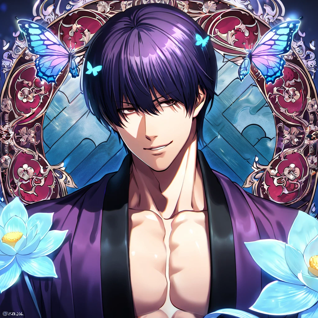 absurdres, highres, ultra detailed, HDR, master piece, best quality, Takasugi Shinsuke, dark purple hair, hair over the left eye, expressive brown eyes, Gintama, solo, handsome, sexy man, toned chest, smirk, black haori, purple kimono, patterns, magical, fantasy, blue background, blue lotus, shining, blue petals, blue sparkling butterflies, blue water