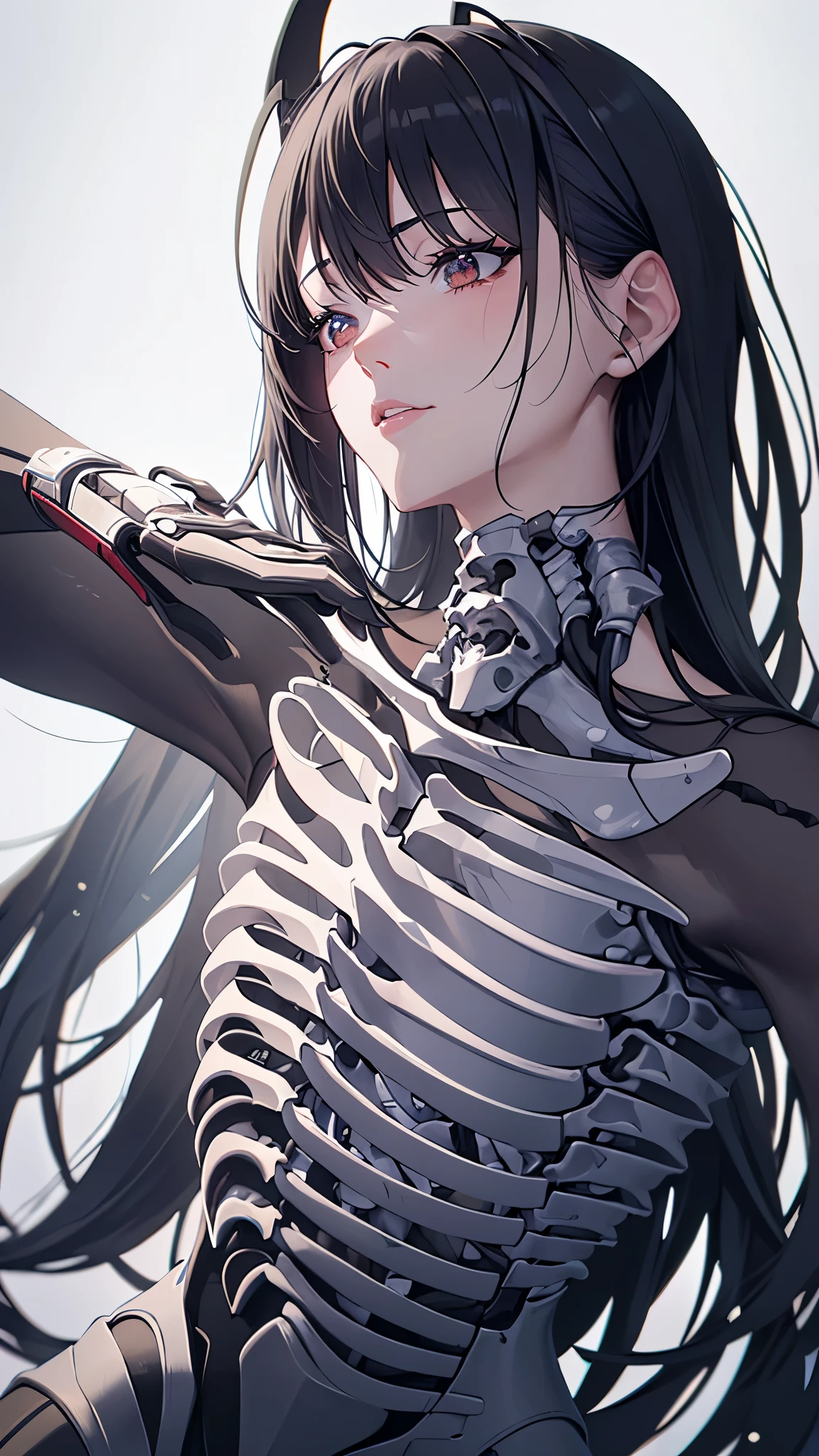 ((8K resolution))、((highest quality))、((masterpiece))、((Very detailed))((((dramatic))), (Anatomically correct)、The depth of the object to write、Looking at the camera、front、(Mechanical bones格、Mechanical boneechanical Cervical Vertebra、Long and thin、lipstick、Spit sludge from the mouth、Bloody)、spooky、an ominous、((theme、whole body:1.1)), SF、Design、White background