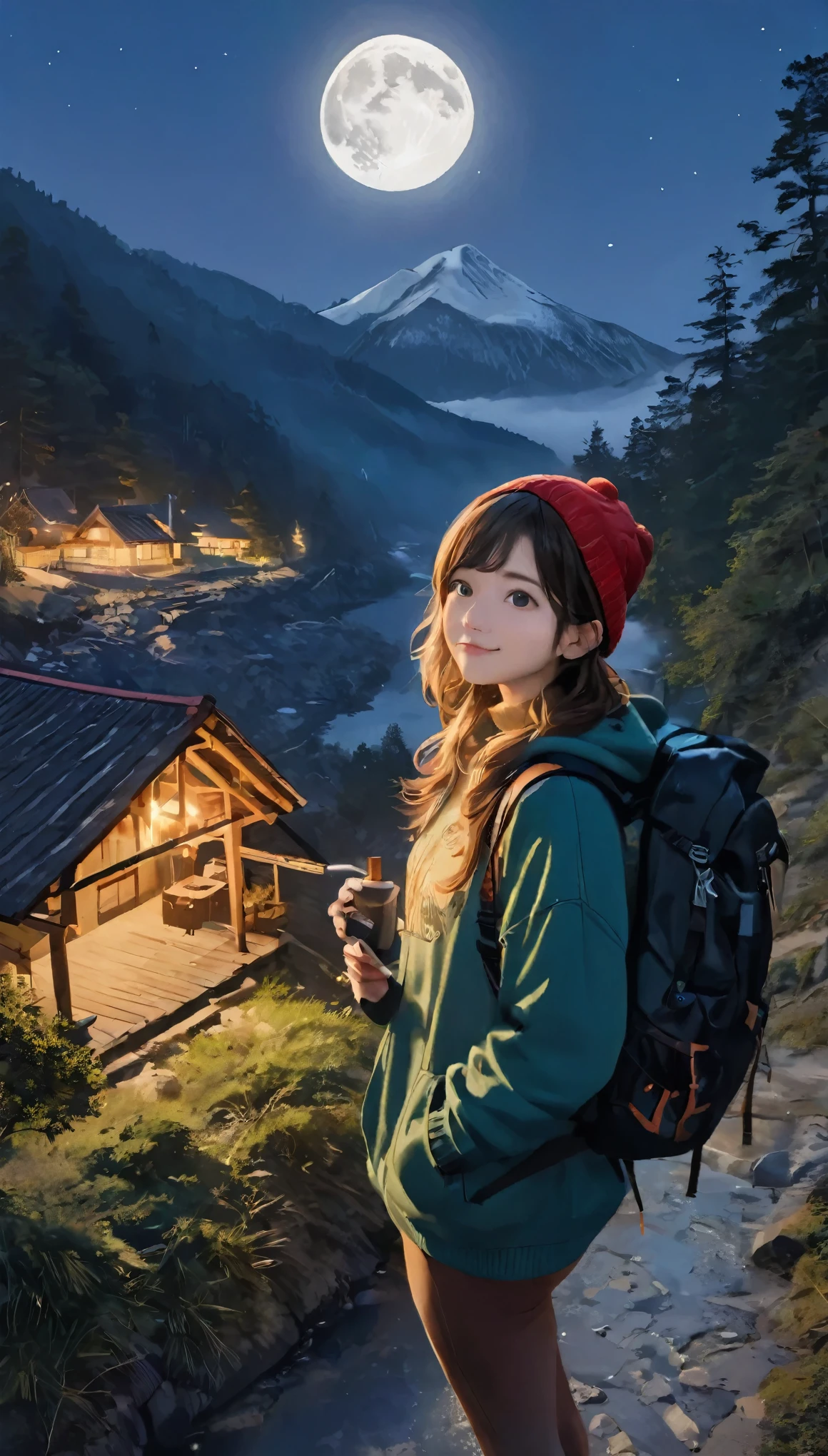 photograph, 美しい女性のphotograph, Selfie, Upper Body, alone,One Girl, Super detailed_face_Eye、かわいいface、Wearing a pullover,(((Backpacker,Backpack))),登Mountain家,Mountain登りの完璧な衣装, Outdoor, (night), Mountain, Real nature, performer, moon, Hilarious, Happy, gloves, sweater, Beanie Hats, forest, rock, river, wood, cigarette, fog, Looking at the audience, Skin Texture, photographの粒子, close, RAWphotograph