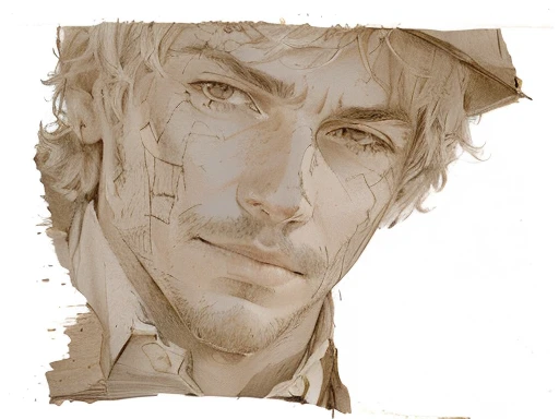 arafed drawing of a man with a hat and a tie, portrait no. 1, weathered drawing, portrait 4 / 3, on old paper, face made of notation, drawing on a parchment, portait, single portrait, ink on parchment, spontaneous portrait, 3 / 4 view portrait, outsider art, by Stefan Gierowski