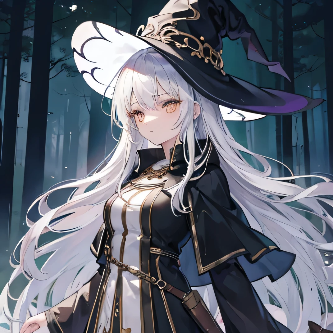 female, witch, adult, silver hair, golden eyes, witch attire, large witch hat, long hair, ((solo)), ((1girl)), calm, stoic, forest background, distant view