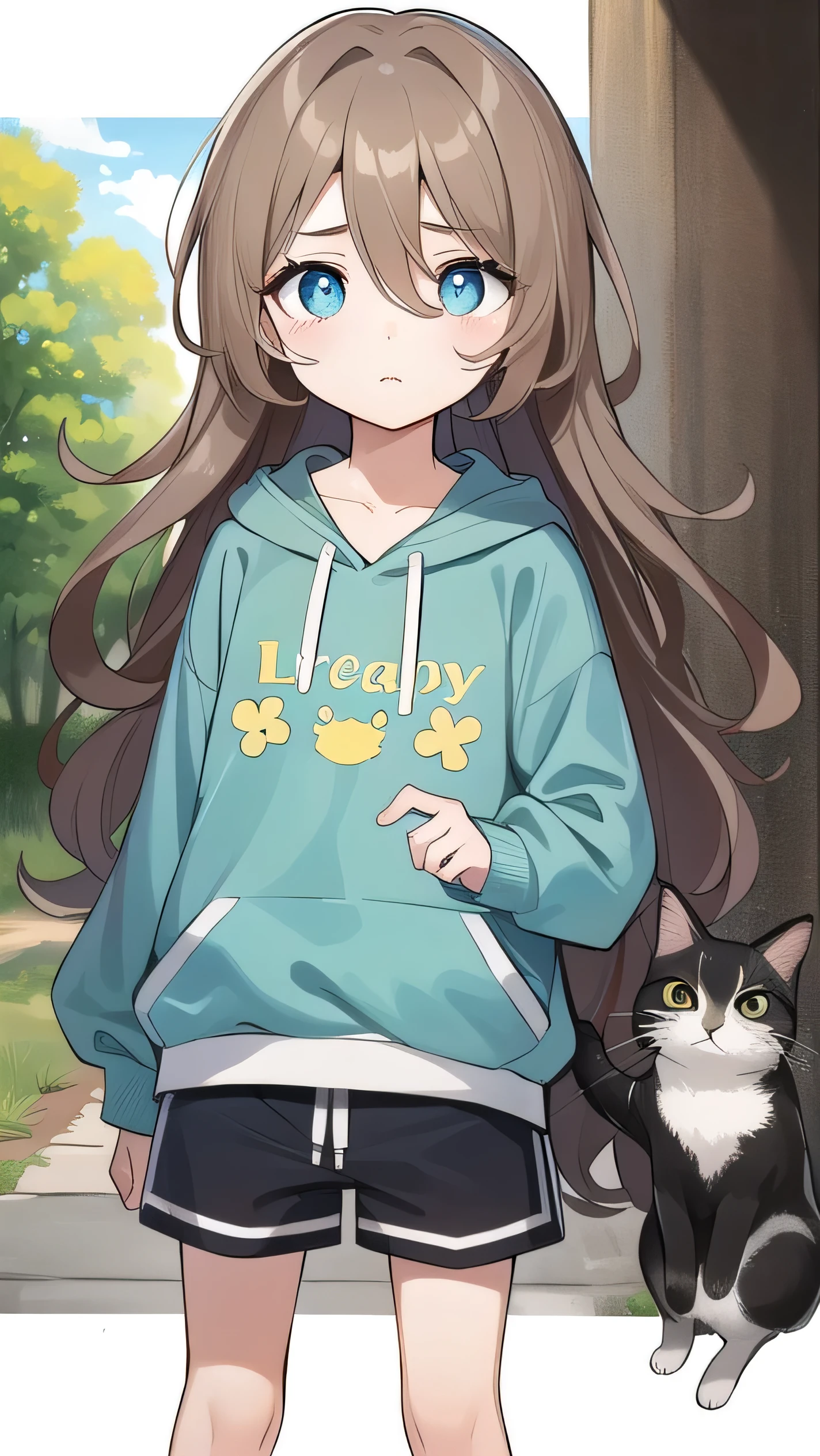Girl, ( light brown hair :1.5), (black eyes:1.1), (big eyes: 1.1), (sagging eyes: 1.5), (very long hair:1.1), hair between eyes, cyan long-sleeved hoodie, white T-shirt, dark blue shorts, white sneakers, (flat chest), (straight hair), very short, only , droopy eyes, wearing a jacket, 11 years old, wearing a jacket,, (short height:1.3), young face , sleepy face, smooth straight hair, forest,kitten, holding a kitten