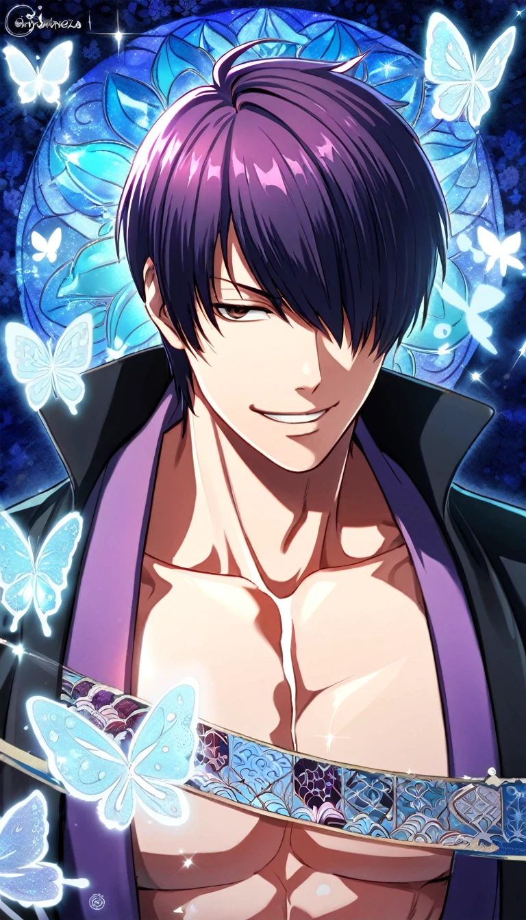 absurdres, highres, ultra detailed, HDR, master piece, best quality, Takasugi Shinsuke, dark purple hair, hair over the left eye, expressive brown eyes, Gintama, solo, handsome, sexy man, toned chest, smirk, black haori, purple kimono, patterns, magical, fantasy, blue background, blue lotus, shining, blue petals, blue sparkling butterflies, blue water