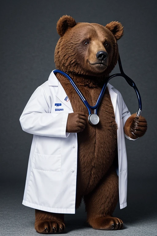 please, create a pic of a bear using a stethoscope and wearing doctor clothes