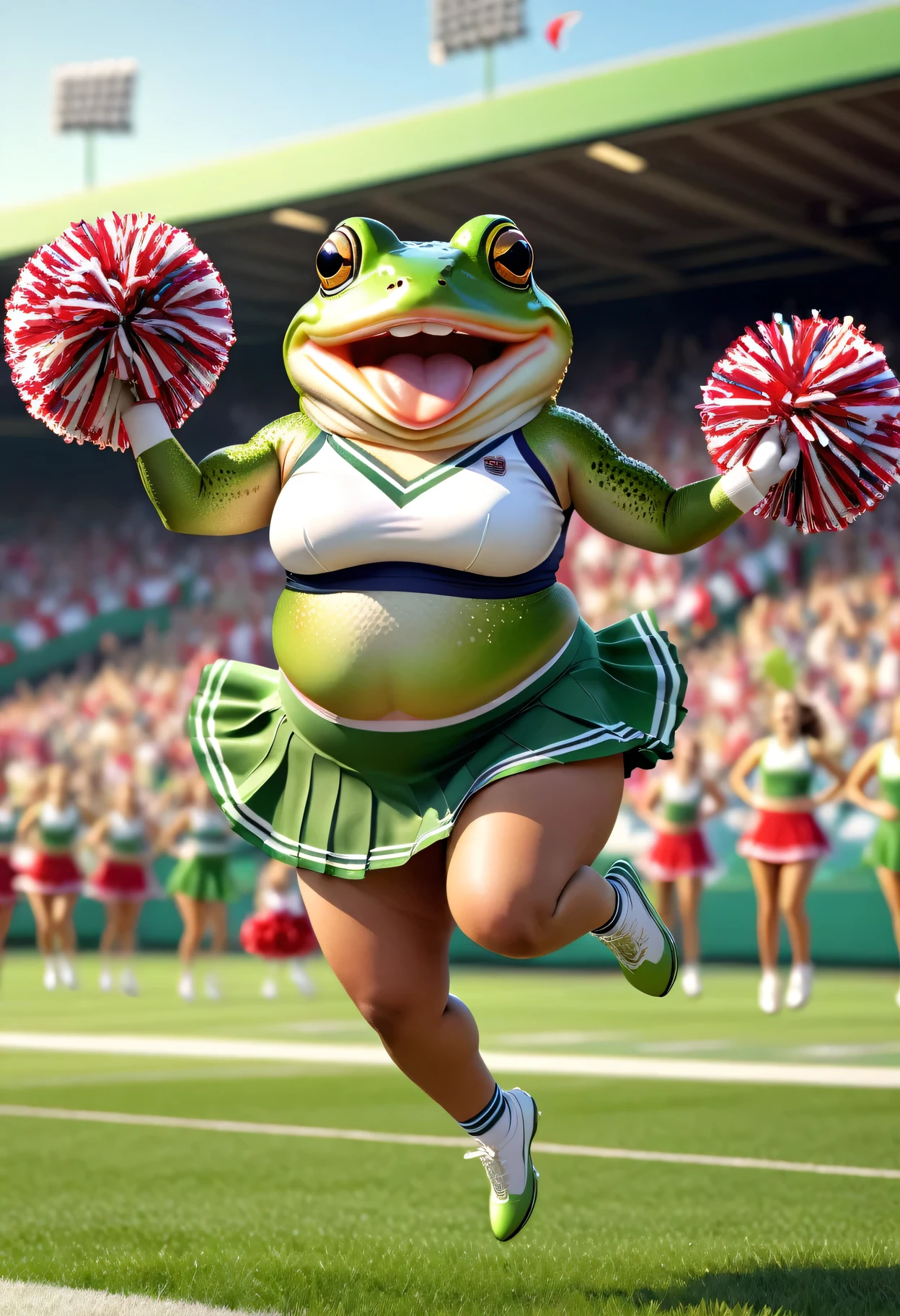 photorealistic portrait of Dressed animals - a ((fat)) frog cheerleader ,(action pose:1.5),(jumping:1.5),(happy smile),(frog skin), high quality,(lovely) ,intricate detailed decorations, highly detailed (cheerleader wear), skirt and underwear, holding pom-pom, grass sports field background , (happy), perfect lighting,(full body image:2.0)