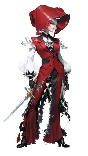 a drawing of a woman with a sword and a red vest, inspired by Louis Grell, new costume concept design, character design : : gothic, grayscale phtoto with red dress, full body concept, outfit design, red and black costume!!!, inspired by Chica Macnab, fashion concept art, costume design, inspired by Alexander McQueen, cruella devil