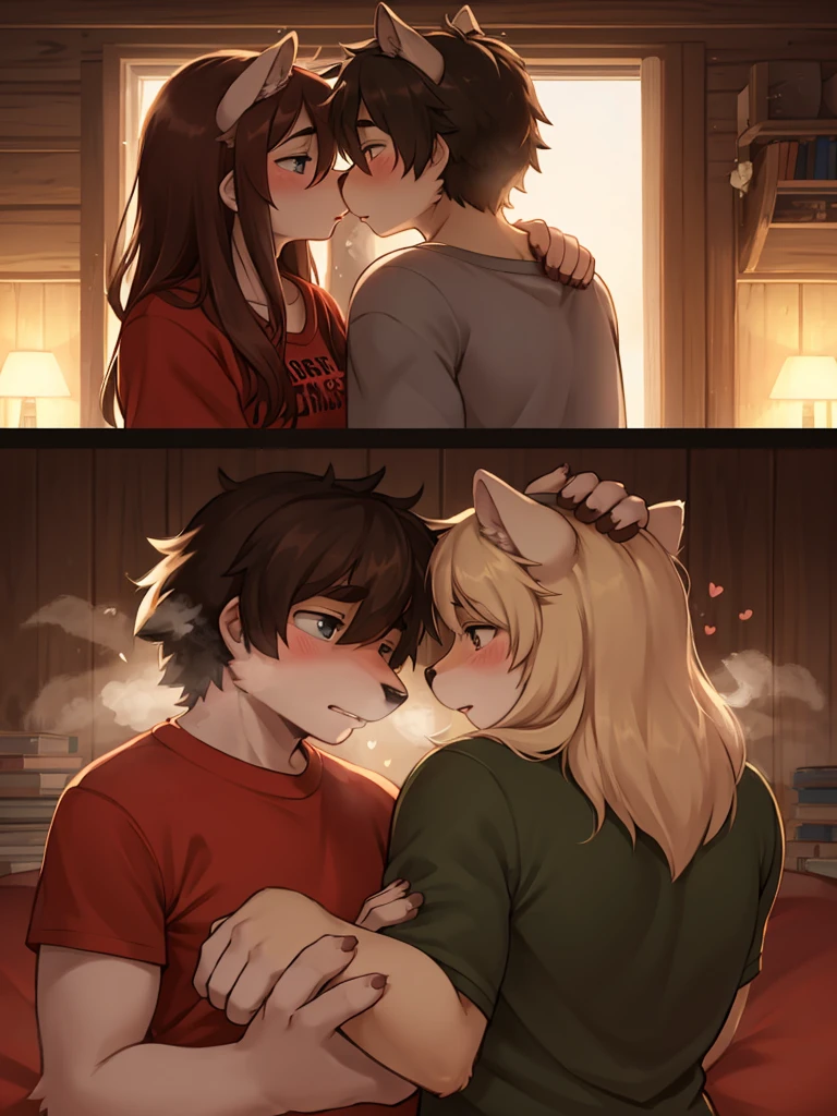 Living in a doghouse,Fox and dog boy and girl couple,           4K resolution,high resolution,最high resolution, Two cute couples,       A soft and fluffy bed,Deep Kiss,Drooling,