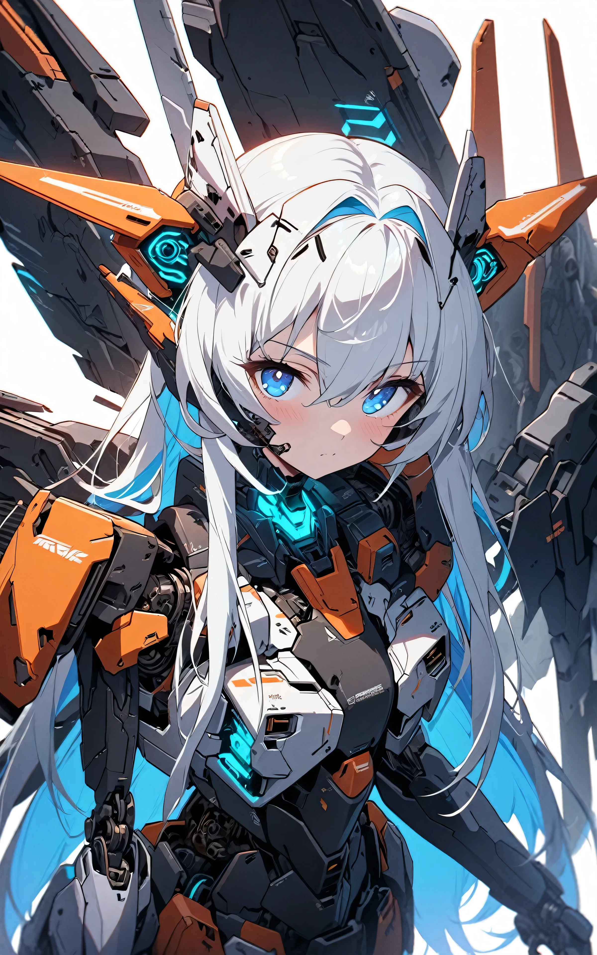 [(WHITE BACKGROUND:1.5)], (((masterpiece))), (upper body), 1girl, ((cyborg girl)), solo, white hair, long hair, Blue inner hair, Blue eyes, science fiction, (mecha musume:1.5), ((Assault type)), mechanical parts, orange headgear, mechanical wings and tails, ((mechanical Black HeavyArmor)), ((neon light Blue)), Anime style