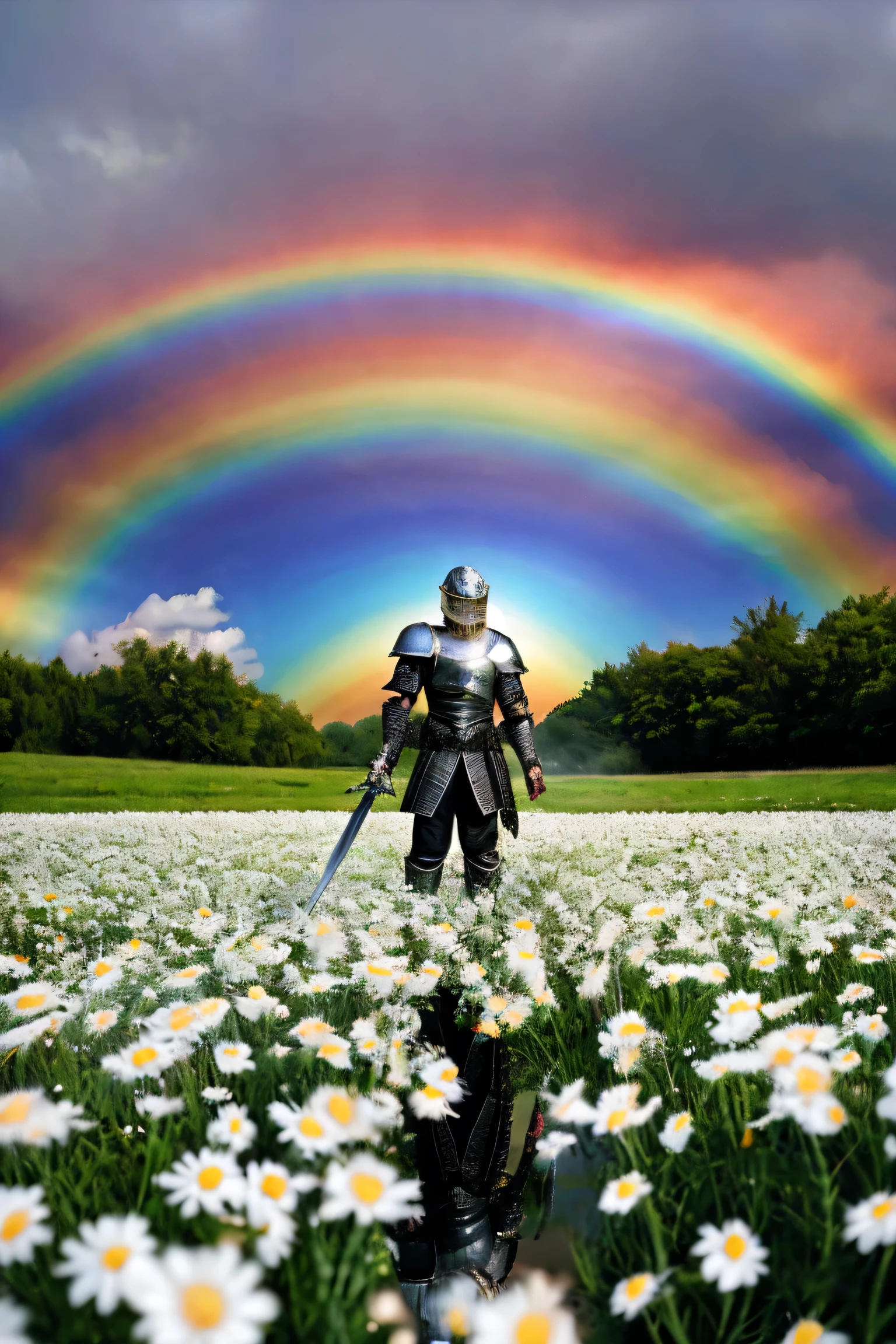 A warrior wears a chrome armor, carries a sword from which a rainbow starts, she is in the middle of a field of daisies, the light looks like the reflection of a prism emanates the colors of a rainbow. Bubbles float around her. High Definition Image, 50mm lens, f/1.8