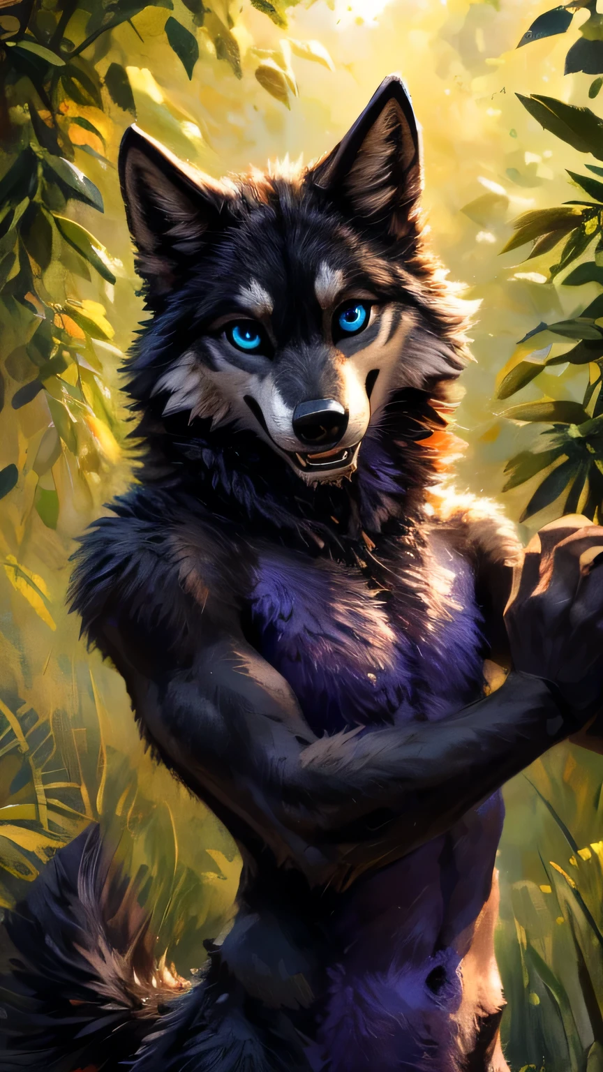 Sunlight, masterpiece, high quality, , （teenagerfurry）,（hairy）, teenager, black Wolf, Black tail hairstyle,（Purple eyebrows），（blue eyes），Purple Iris Works, Have muscles, Detailed hands, （Blackback），（Purple belly），（Black arm），（Purple Chin），（Purple Neck），（teal blue nails），Delicate face, Exquisite eyes, Detailed body, Flat body, Skinny,（Confident smiling emoticon），（（Showing wolf teeth））， paw, high resolution,  No shirt, No underwear, Natural background，daytime,  big eyes, slim,Kenket&#39;s Art