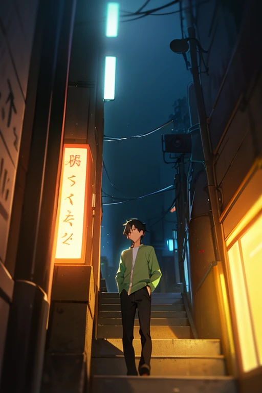 anime man, night, bright neon, green long sleeve, looking in alleyway, dark alleyway in tokyo anime scene, makoto shinkai cyril rolando, ( ( makoto shinkai ) ), makoto shinkai style, shinkai makoto, makoto shinkai. —h 2160, makoto shinkai. digital render, inspired by Un'ichi Hiratsuka