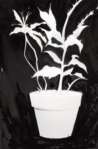 arafed drawing of a potted plant with leaves on a black background, black and white painting, black and white watercolor, white ink sketch on black paper, inspired by Robert Mapplethorpe, dark negative space, inspired by Hermann Rüdisühli, plants growing on it. gouache, potted plant, black and white ink on paper, black ink painting