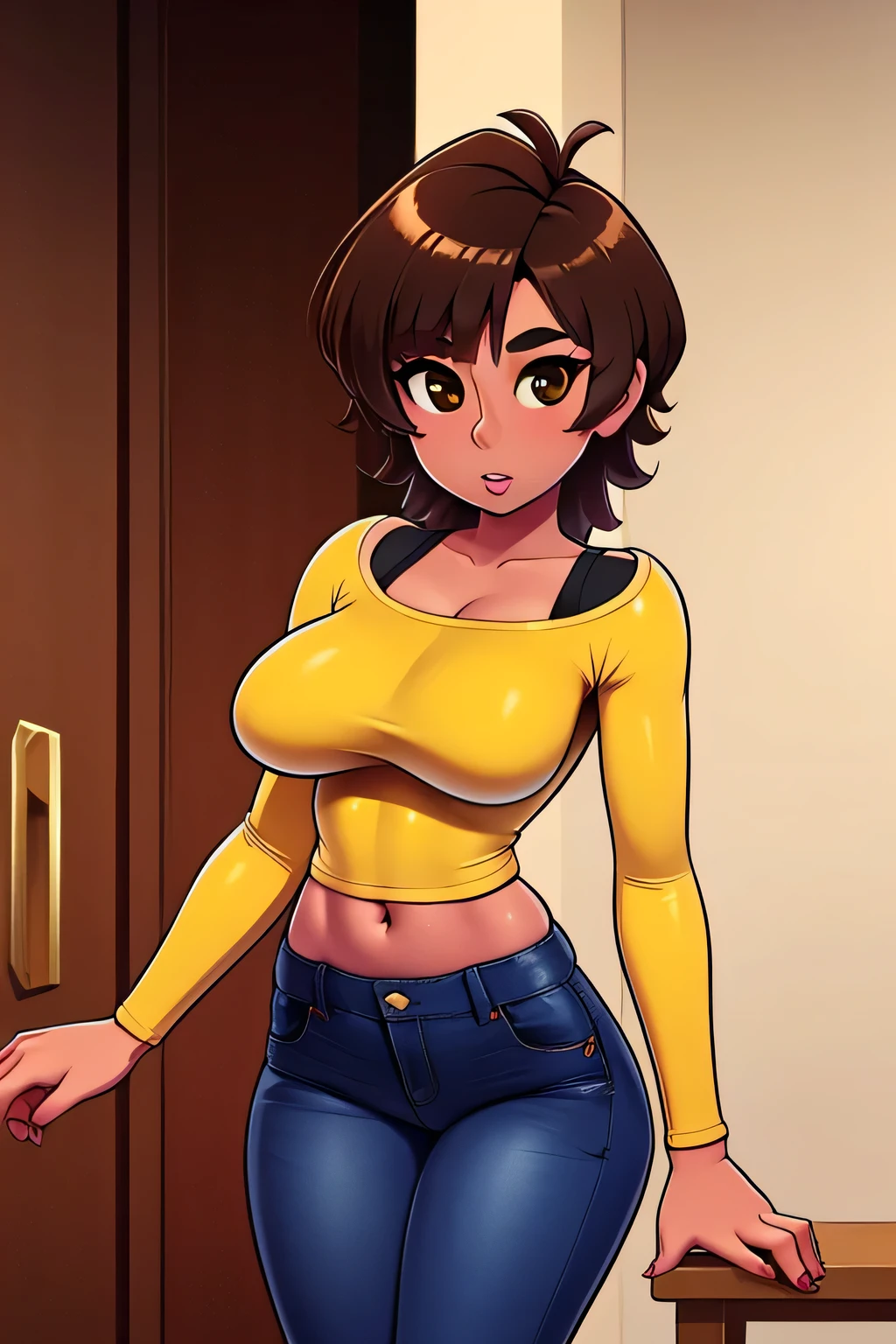  A tall sexy sensual beautiful woman with big breasts, short brown hair, tousled cut, her brown eye, red lip, wears a short yellow blouse top, shows her navel and blue jeans, black shoes. 