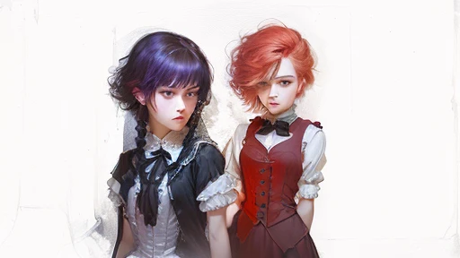 two people with red hair and black vests are standing next to each other, genderswap, both wearing victorian clothes, some red and purple, looks sad and solemn, medium shot of two characters, inspired by Louis Grell, two characters, tall female emo art student, halfbody portrait, edmund blair and charlie bowater, very sad, desaturated!!