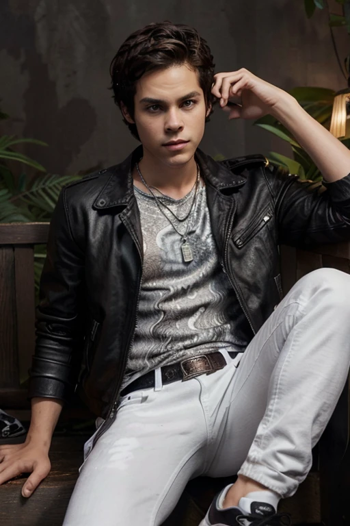 Dylan O'Brien, actor 18 years old short messy dark brown hair, honey colored eyes, black open leather jacket, white shirt with fox print, black jeans with silver belt, fox pendant, black tennis shoes with white dark forest background fox aura around black color
