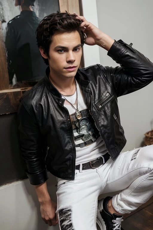 Dylan O'Brien, actor 18 years old short messy dark brown hair, honey colored eyes, black open leather jacket, white shirt with fox print, black jeans with silver belt, fox pendant, black tennis shoes with white dark forest background fox aura around black color