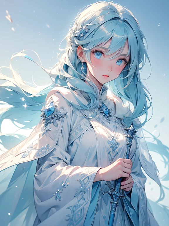 ((masterpiece, best quality, 8k))An icy and pristine artwork of a serene female character in a cold, wintry landscape. She is dressed in blue and white clothes that mirror the icy surroundings. Her medium-length blue hair and light blue eyes radiate a cool, calming beauty. She holds an ice staff, embodying the essence of winter's purity.
