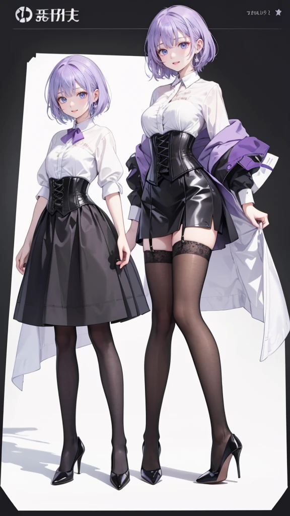 Purple Hair,short hair,Adult female,(suit),White Y-shirt,((Rolling up his sleeves)),(corset),(Black tight skirt),(High heels),Heels are visible,((Simple white background)),smile,((whole body)),((full body)),Character Sheet,