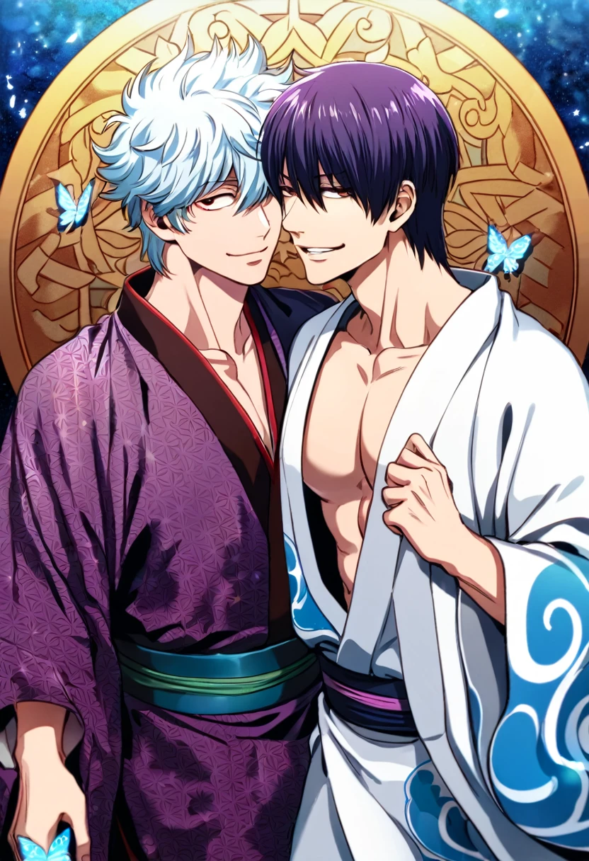 absurdres, highres, ultra detailed, HDR, master piece, best quality, Takasugi Shinsuke, dark purple hair, hair over the left eye, expressive brown eyes, Gintama, Sakata Gintoki, white hair, expressive red eyes, two men together, gay couple, yaoi, handsome, toned chest, smirk, white kimono, purple kimono, patterns, magical, fantasy, blue background, blue lotus, shining, blue petals, blue sparkling butterflies, blue water