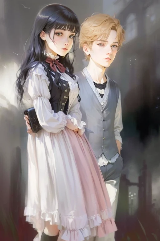 a drawing of a couple of people standing next to each other, pixivs and junji ito, in the art style of bowater, medium shot of two characters, artwork in the style of guweiz, official fanart, eerie and grim art style, fanart, inspired by William Mustart Lockhart, both wearing victorian clothes, inspired by Jane Graverol