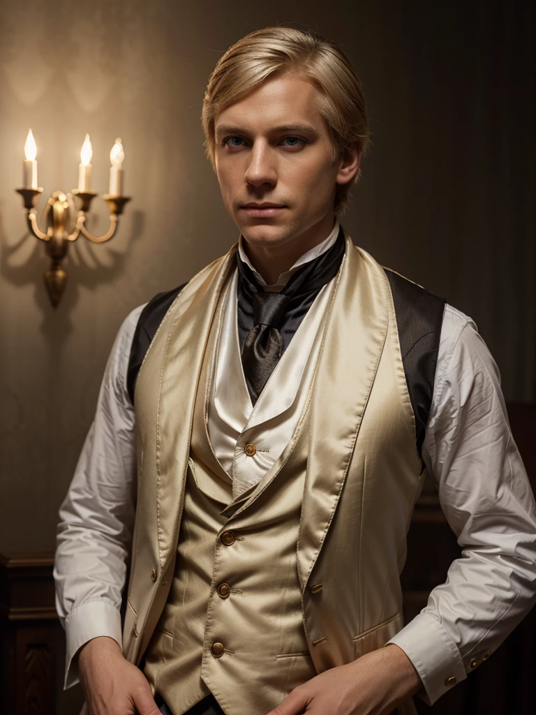 Joseph Smith,white skin, gold hair, neatly combed, shining blue eyes, dark tapestry waistcoat of 1840, white satin cravat, portrait, realistic, candlelight