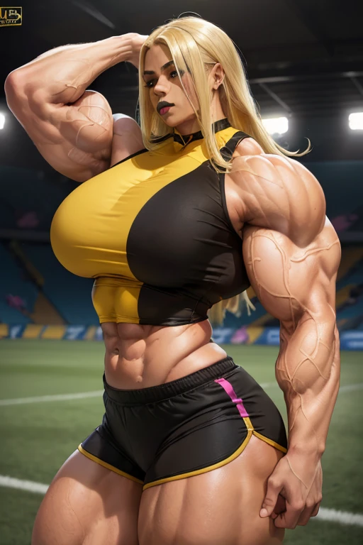 (((((Massive, tall, beautiful, glistening, light brown skinned, buff, muscular woman with yellow hair, black lipstick, ginormous bulky muscles and wearing a shocking pink soccer Jersey and sports shorts))))), (close view), massive muscles, massive biceps, hyper muscle shoulders, vascular shoulders, hyper muscle triceps, (long flowing hair), gray eyes, (wristbands), choker, sneakers, (in a soccer field), confident smirk, night, hyper vascular arm, hyper muscles arms, hyper muscle legs, massive arms.