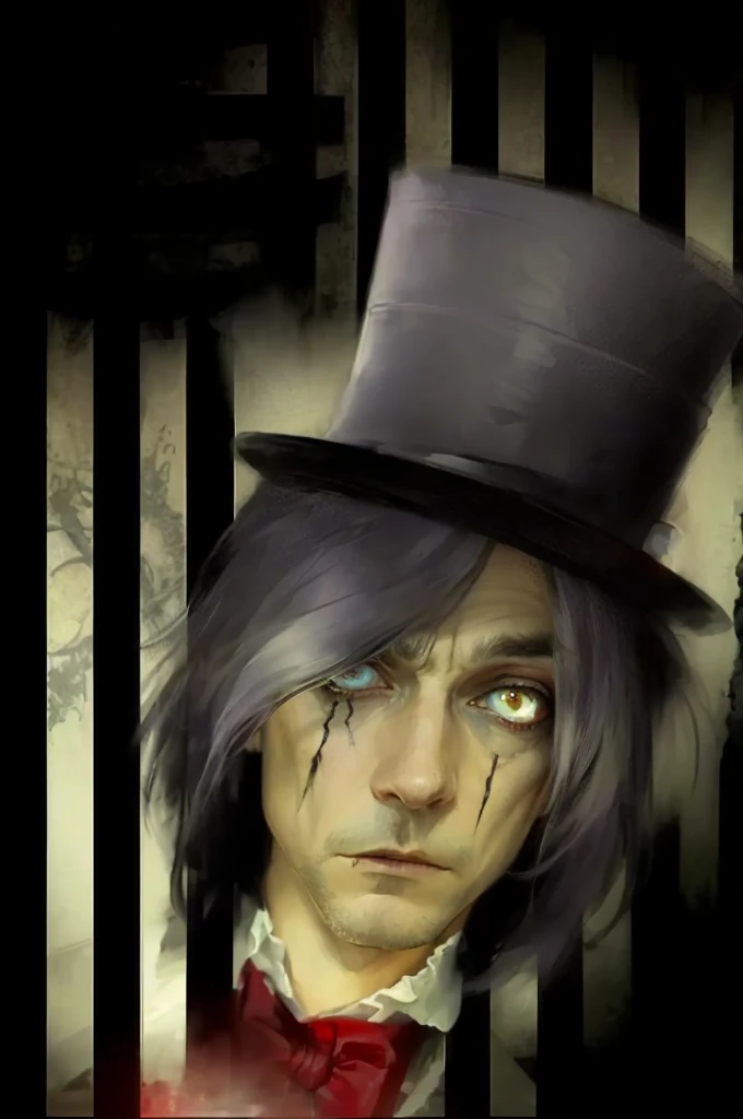 a close up of a person with a top hat on, with a glass eye and a top hat, he is wearing a top hat, grim-hatter, the madhatter, archwizzard in a hat, the mad hatter, drawn with photoshop, wearing a top hat, inspired by Ben Templesmith, mad hatter, tired and haunted expression