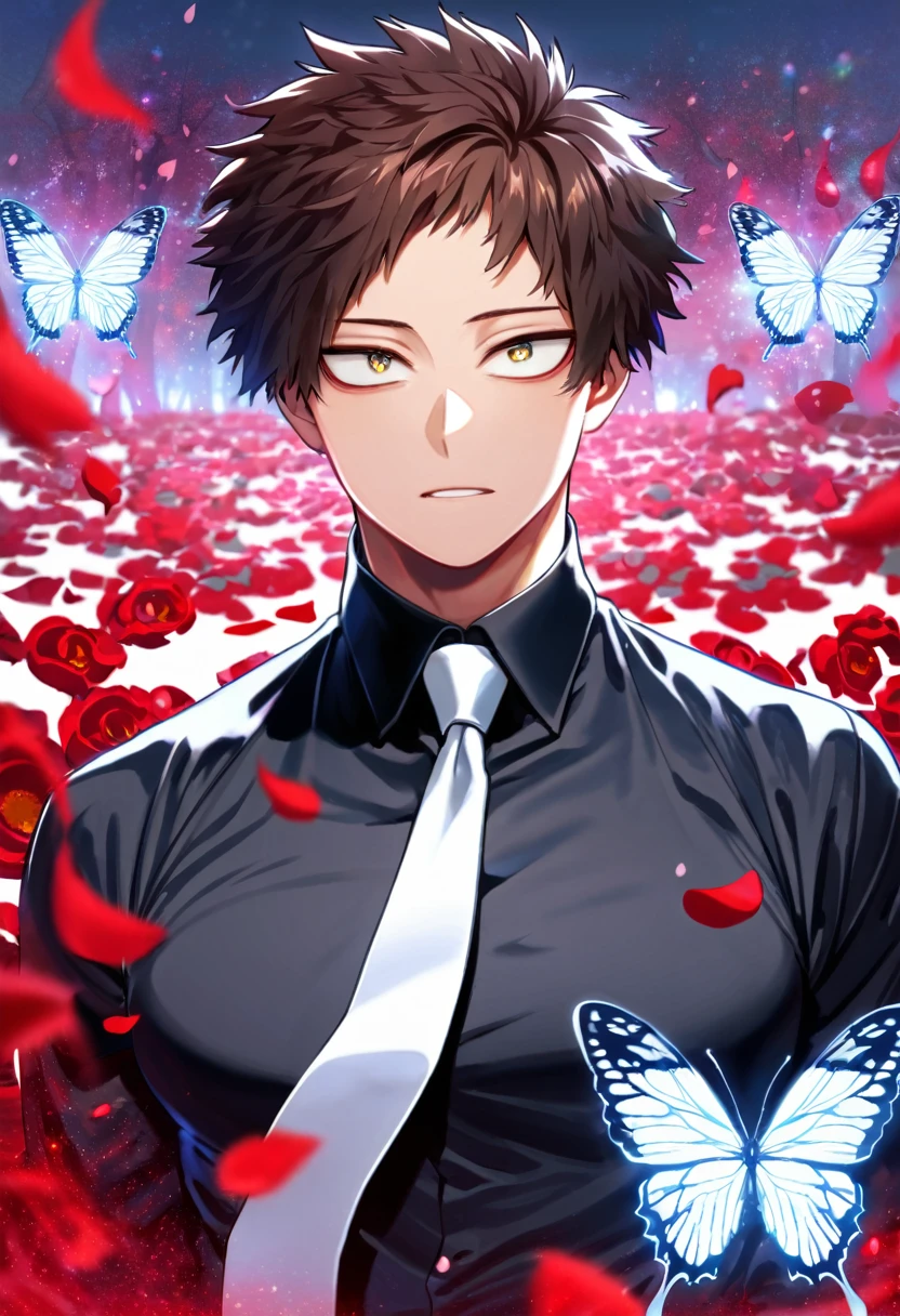 Ultra detailed, HDR, Highres, absurdres, master piece, Chisaki Kai, Overhaul, brown hair, short hair, expressive golden eyes, black shirt, white necktie, Boku No Hero Academia, glittering silver butterflies, petals, red flowers, handsome, sexy man, toned chest, extremely detailed face and eyes, glittering, red forest, perfect face, best quality, red rain, red water