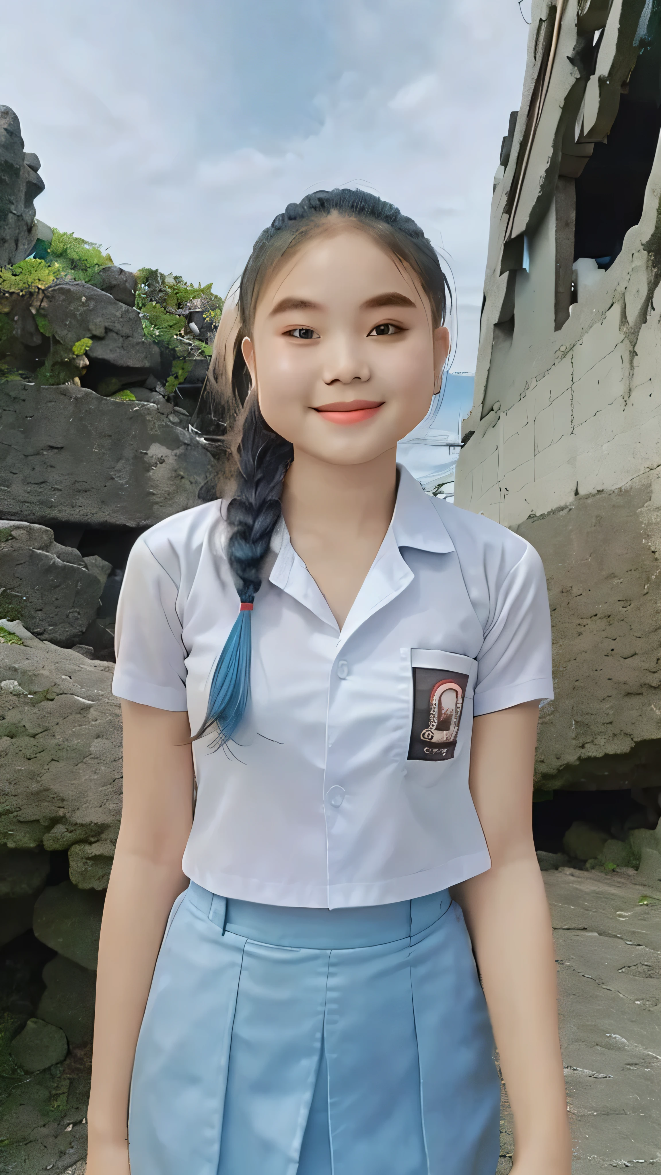 18 year old girl, alone, looking at the viewer, dark blonde long hair, hair is tied up, thin body, smaller chest, white shirt, short sleeves, bluish grey mini skirt, Coastal rocky background, smile, realistic, masterpiece, 最high quality, high quality, High resolution,