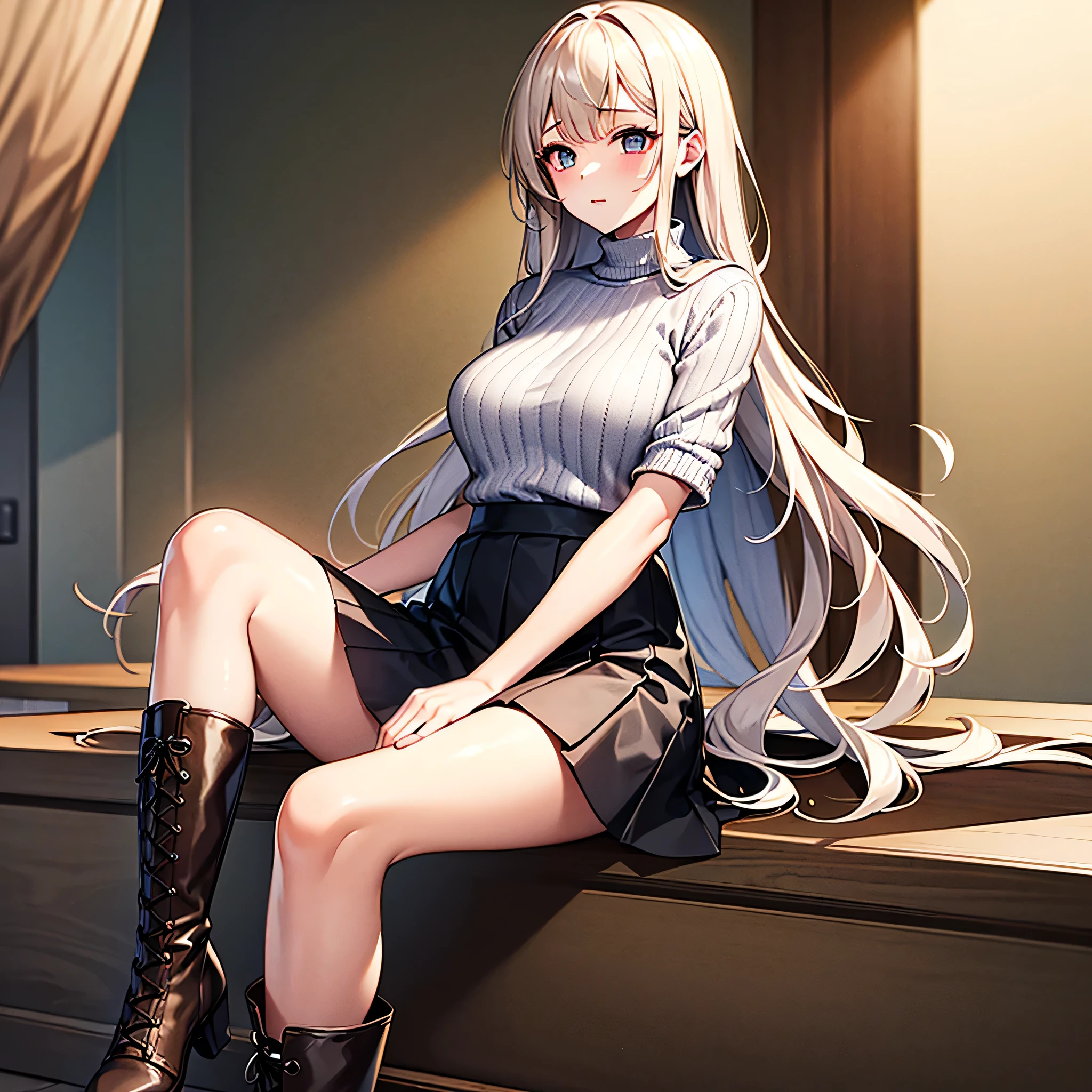 ((highest quality)), ((masterpiece)), (detailed), Perfect Face,One girl,Light wavy long hair,slender,Long, slender arms and legs,Dolman knit,Tiered skirt,O-ring,boots,Big, round eyes,Cool look,eyesight