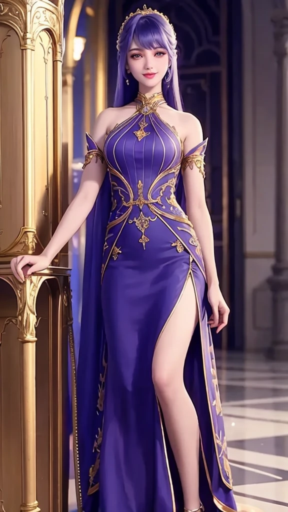 girl, full body, hands on waist, beautiful detailed eyes, beautiful detailed lips, extremely detailed eyes and face, long eyelashes, Long dress, leg opening, Smiling, enjoy the atmosphere
