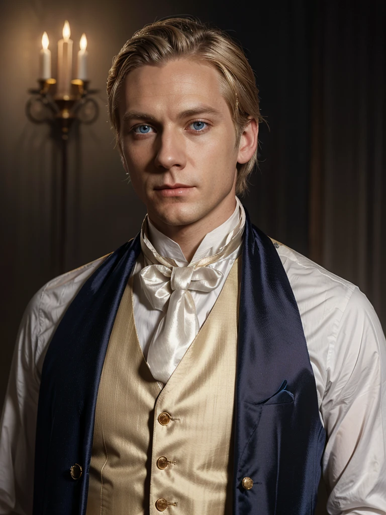 Joseph Smith,white skin, gold hair, neatly combed, shining blue eyes, dark tapestry waistcoat of 1840, white satin cravat, portrait, realistic, candlelight