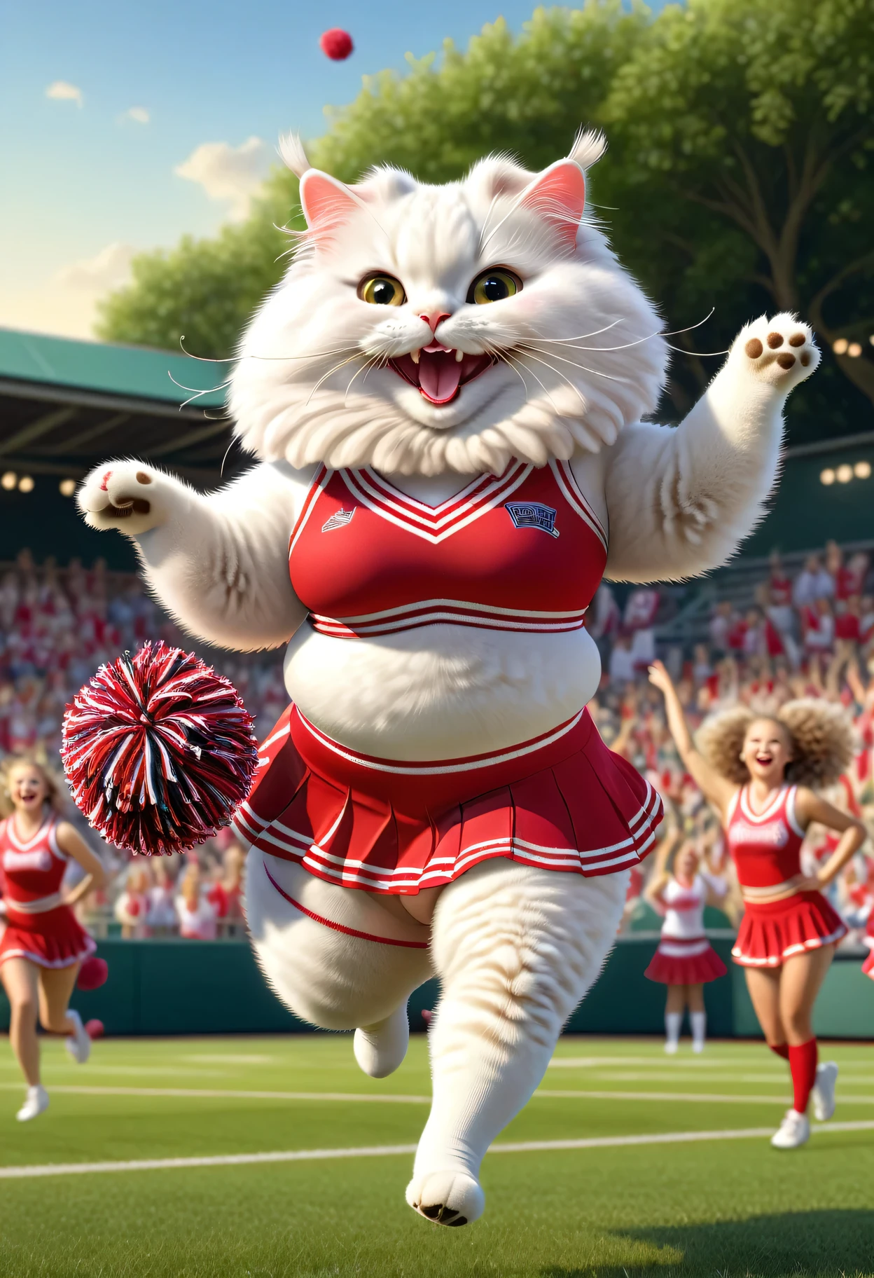 photorealistic portrait of Dressed animals - a ((fat)) angora cat cheerleader ,(action pose:1.5),(jumping),(happy smile),(toad skin), high quality,(lovely) ,intricate detailed decorations, highly detailed (cheerleader wear), skirt and underwear, holding pom-pom, grass sports field background , (happy), perfect lighting,(full body image:2.0)