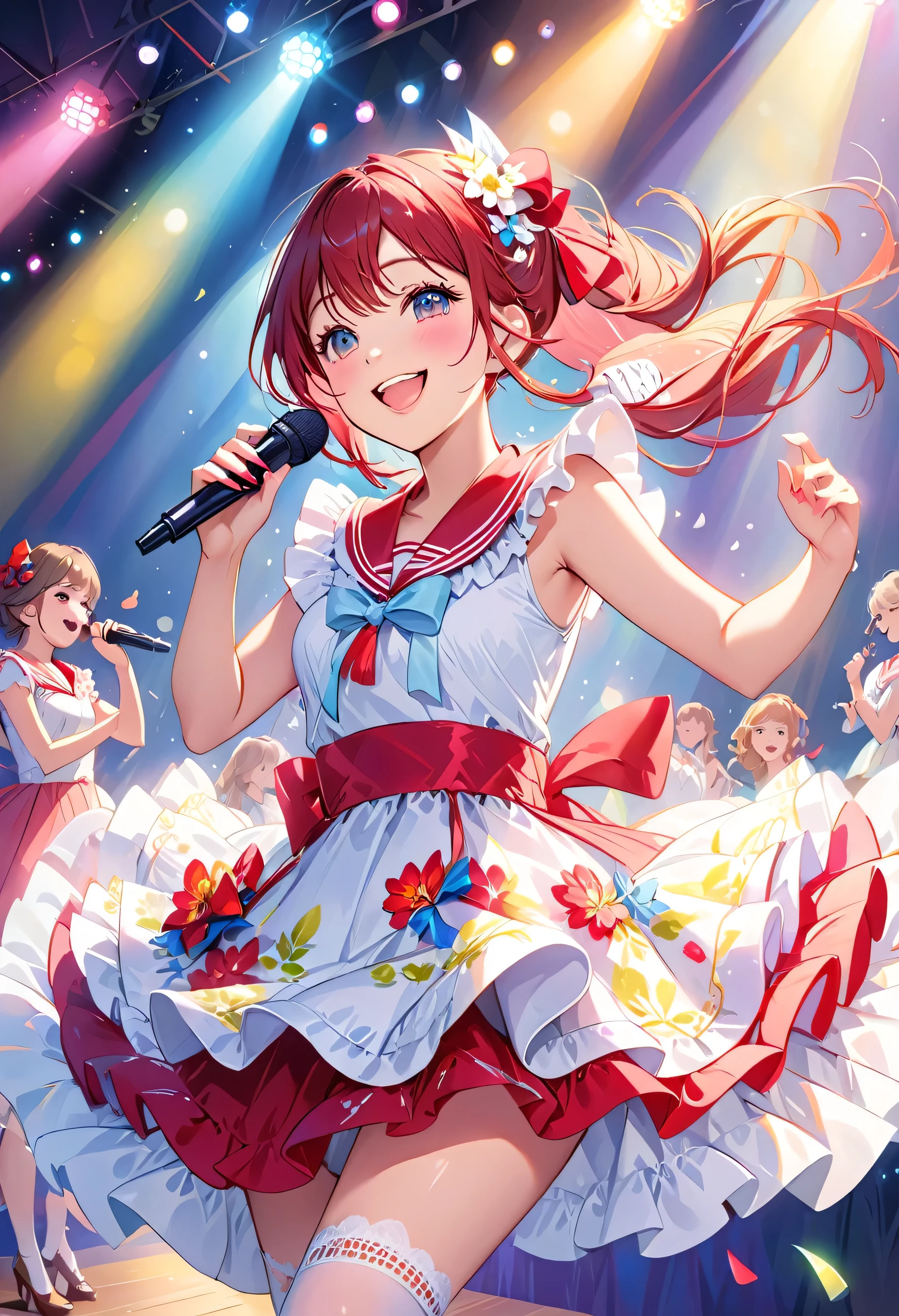 highest quality、High resolution、Detailed Background、Teenage beauty、Detailed face、Brightly colored hair、eye make up、Lip Makeup、Idol-style Sailor Dress、No sleeve、White Stockings、Uplifting、(A beautiful girl is smiling and singing and dancing on stage:1.5)、
Costumes and accessories light up、Bright colors and pop colors、pastel colour、The collar and other parts are decorated with frills and lace.、Floral and heart patterns、Cuteness、hair accessory、ribbon
