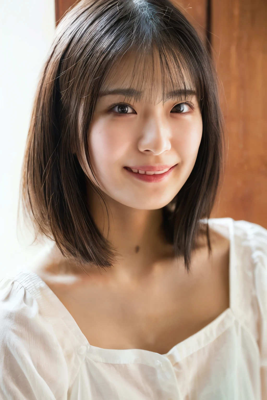 solo, 1girl, (wearing a Nogizaka46 costume), very beautiful Japanese idol portrait, celebrity portrait, frontal photography, 
(realistic, photo-realistic:1.4), (masterpiece, highest quality:1.2), (RAW photos, high resolution),
Intricate details, extremely detailed, finely detailed, insanely detailed, highly detailed CG unity 8K wallpaper, delicate, beautiful, wonderful, cinematic lighting, soft light, 
finely beautiful girl, beautiful symmetrical eyes , detailed eyes, detailed face, beautiful and sophisticated nose, eyes,
perfect anatomy, slender body, collarbone, breasts, 
(short hair, bangs), cheerful grin,
(simple light color background:1.3),,,[Rei Seimiya will soon graduate from Nogizaka46]
