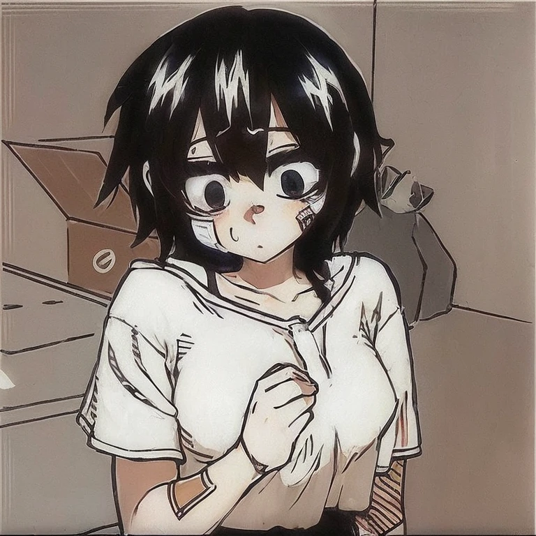 Chica anime con cabello negro y camisa blanca sosteniendo un gato., Al estilo anime, anime moe art style, fubuki, Gapmoe Yandere, como personaje de anime, En estilo anime, junko enoshima, in japanese anime style, otro iwakura, Also, otro, Hiroe Rei, visual anime de una linda chica