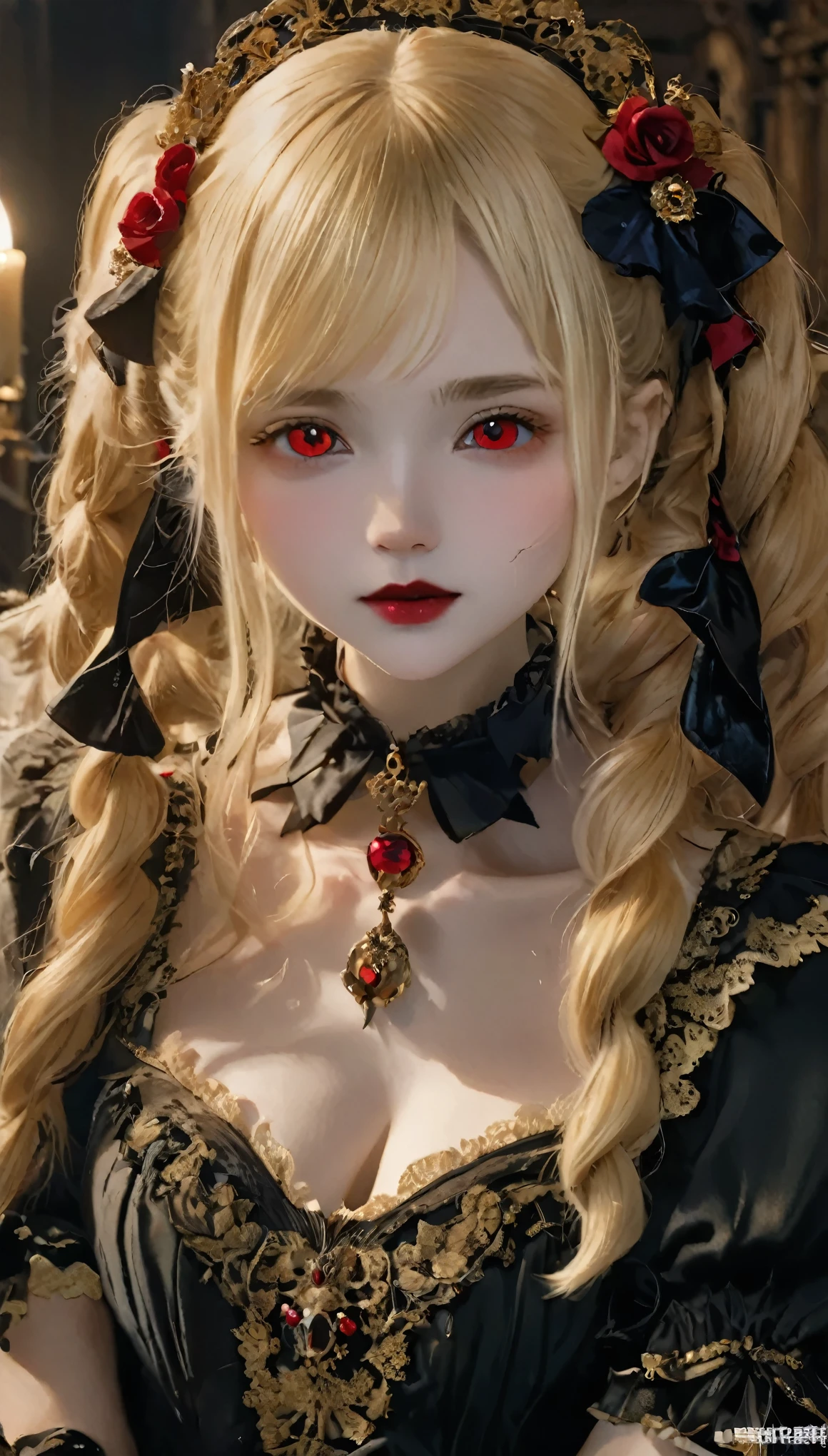 One Girl、Unparalleled beauty、Cute Face、Red face、Beautiful Eyes、(((vampire、Crimson Eyes、Black Lips、Expressionless)))、Dark fantasy、Floating eroticism、Twin tails、Twin tails、blonde、Elegant Dresses、Small breasts、capital of、Dark reception room、Luxurious ornaments、Dim lighting、Dim lighting、masterpiece、highest quality、Super Resolution、Best image quality、Very detailed、