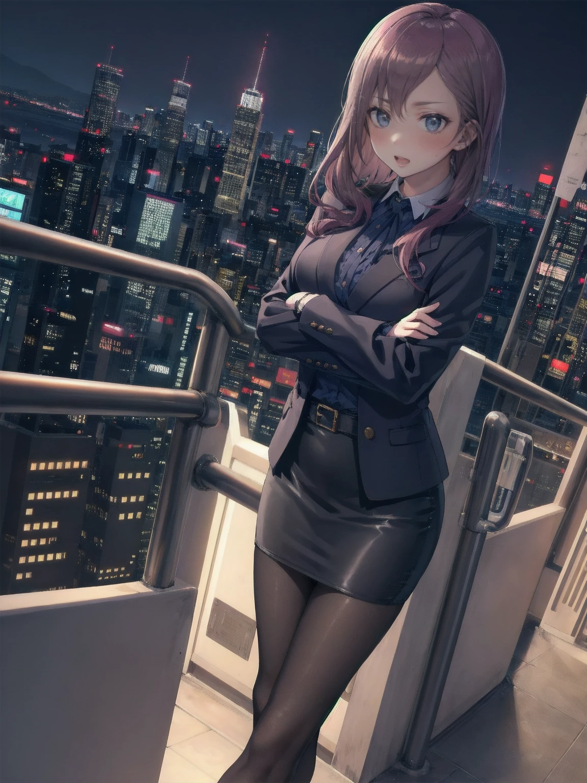 (masterpiece, best quality, detailed), 1girl, solo, outdoors, cyberpunk, city, night, city lights, neon lights, cowboy shot, from above, legs apart, crossed arms, alley, pencil skirt, dress shirt, black jacket, pantyhose, black skirt