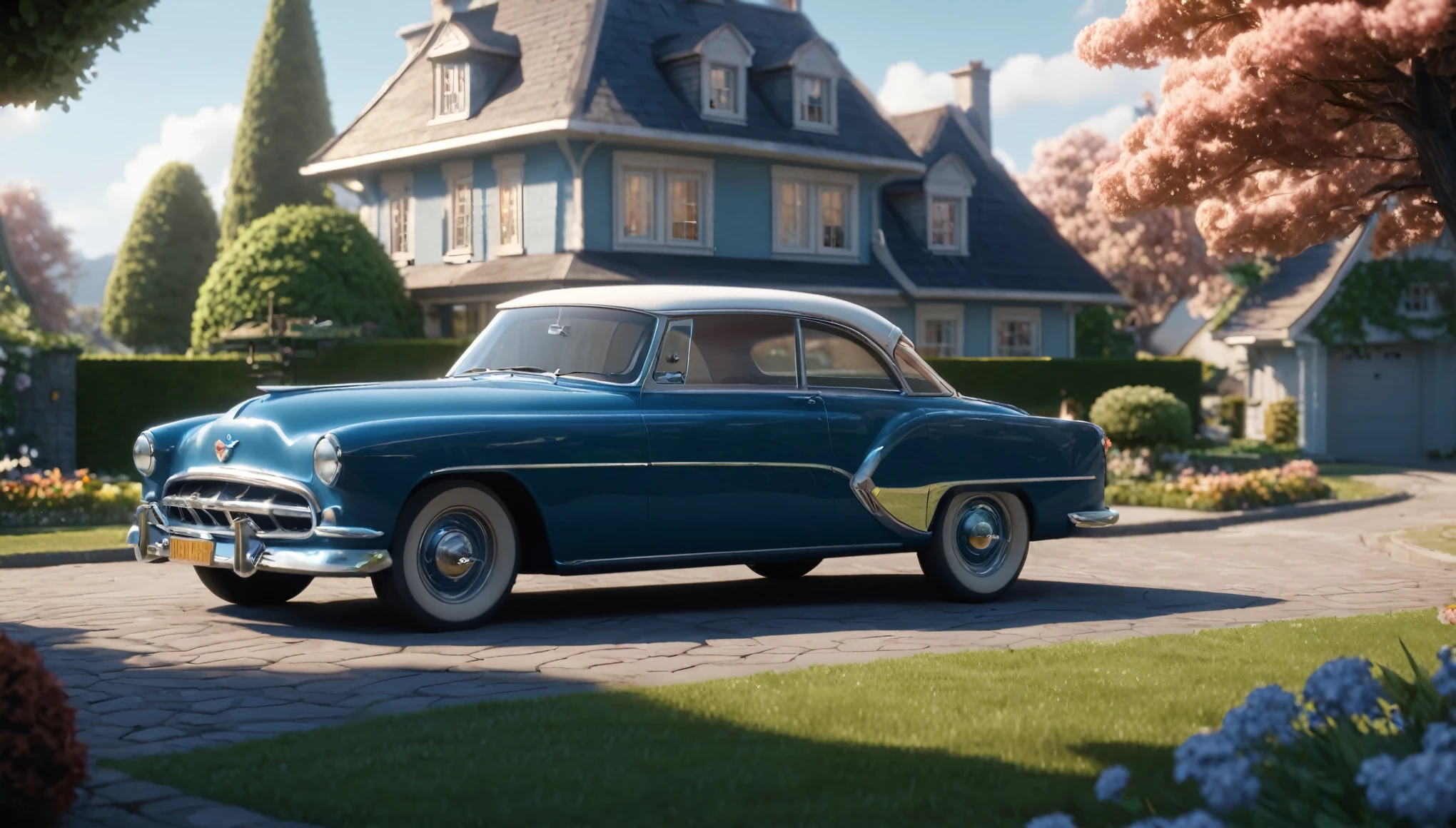 a classic car parked in front of a house, disney concept art :: nixri, idyllic cottage, unreal 6 breathtaking detailed, in a movie still cinematic, maple story, 5 0 s aesthetic, games 3 d, in a garden of a house, still frame from a movie, riverdale, computer game art, neighborhood, (complementary colors:1.2), (sharp focus:1.1), (Unreal Engine 5:1.2), (CGI:1.2), (high quality:1.2), (4K:1.1), (volumetric lighting:1.2), (highly detailed:1.3), (bloom:1.1), (micro details:1.2), (masterpiece:1.3), (luminescent:1.1), (aesthetic:1.3), (beautiful:1.3), (HDR:1.2), (dynamic composition:1.2), (captivating atmosphere:1.2), (immersive experience:1.3), (innovative design:1.2), (cinematic excellence:1.3), (timeless elegance:1.1), (visual storytelling:1.2), (technological marvel:1.2), (artistic finesse:1.3), (ethereal beauty:1.1), (creative brilliance:1.2)