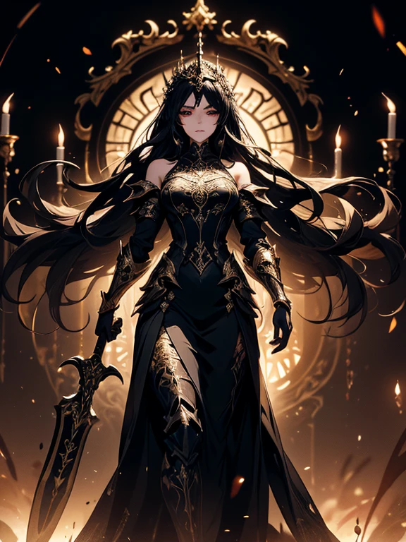 ((masterpiece, best quality, 8k))A breathtaking artwork of a female character of unimaginable beauty, set in a dark and opulent environment. The full-body view reveals an impressive figure, exuding an aura of power and mystery. She wears black and gold clothes, radiating a luxurious darkness. Her armor is detailed and characteristic, with intricate golden designs that shimmer in the dim light. Ornate shoulder pads protect her shoulders, and the armor perfectly molds to her body, accentuating her formidable presence.Her long black hair flows like a river of darkness, contrasting with her mesmerizing scarlet eyes. Her beauty is almost supernatural, a perfect blend of grace and menace. She wields a cursed blade that seems to pulse with malevolent energy, enhancing her aura of danger.The setting around her is a gothic and luxurious environment, with dark arches and stained glass windows that filter a supernatural light. In the background, candles flicker, casting dancing shadows on the intricately carved stone walls. It is a place that blends elegance and terror, perfectly reflecting the essence of the character.