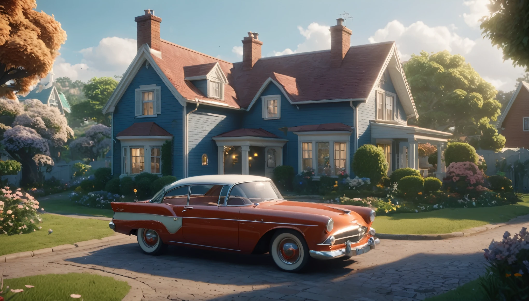a classic car parked in front of a house, disney concept art :: nixri, idyllic cottage, unreal 6 breathtaking detailed, in a movie still cinematic, maple story, 5 0 s aesthetic, games 3 d, in a garden of a house, still frame from a movie, riverdale, computer game art, neighborhood, (complementary colors:1.2), (sharp focus:1.1), (Unreal Engine 5:1.2), (CGI:1.2), (high quality:1.2), (4K:1.1), (volumetric lighting:1.2), (highly detailed:1.3), (bloom:1.1), (micro details:1.2), (masterpiece:1.3), (luminescent:1.1), (aesthetic:1.3), (beautiful:1.3), (HDR:1.2), (dynamic composition:1.2), (captivating atmosphere:1.2), (immersive experience:1.3), (innovative design:1.2), (cinematic excellence:1.3), (timeless elegance:1.1), (visual storytelling:1.2), (technological marvel:1.2), (artistic finesse:1.3), (ethereal beauty:1.1), (creative brilliance:1.2)