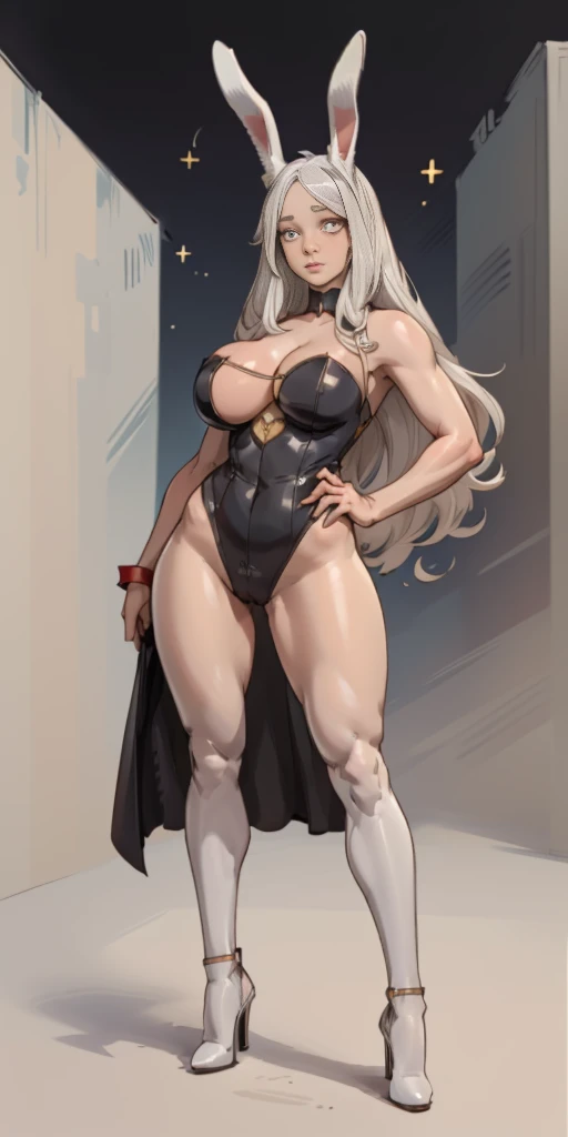 (Masterpiece, plain background:1.2) 1sologirl standing straightforward symmetrical wearing only whitish heels 👠 silver white hair 😍 👌 😀 ✨️ ♥️ ❤️pupils eyes symbol, long red fluffy bunny ears