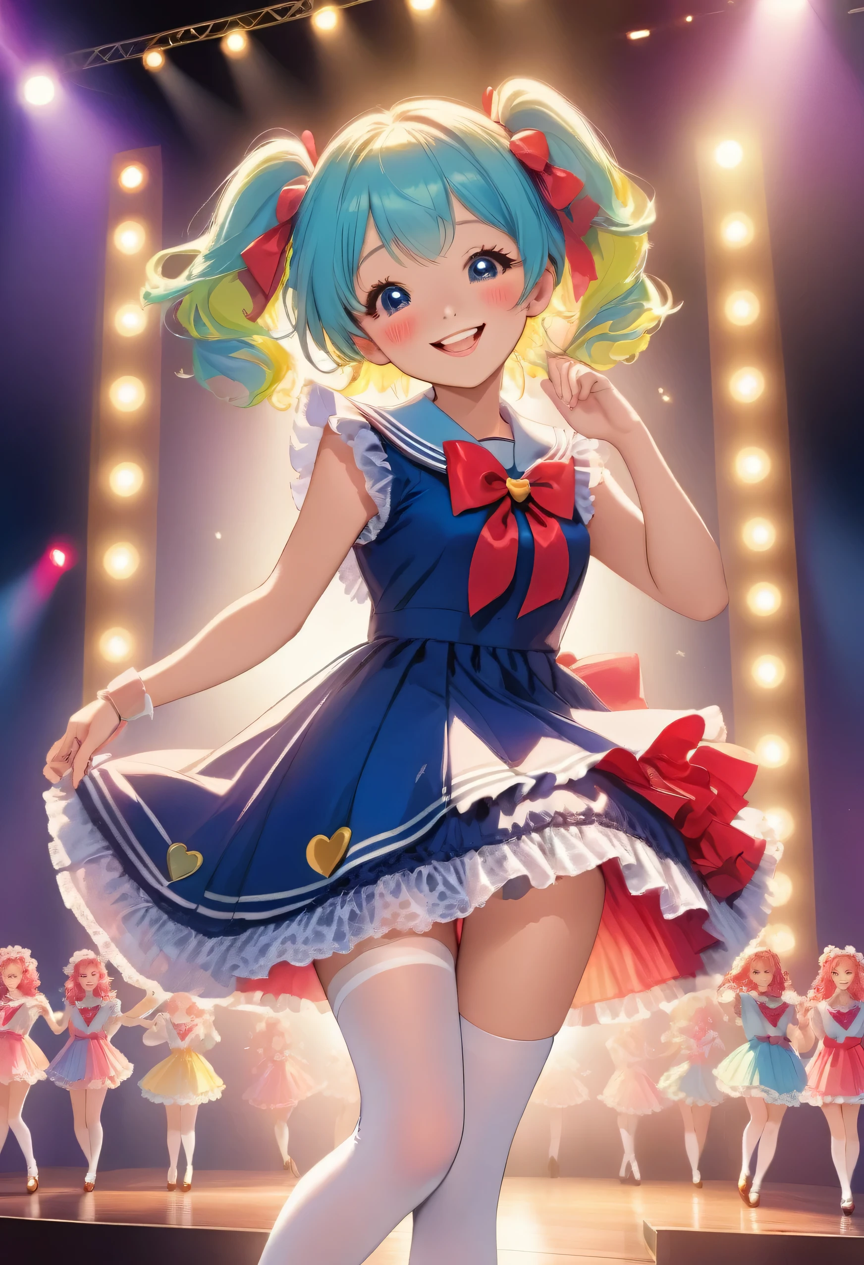 highest quality、High resolution、Detailed Background、 beauty、Detailed face、Brightly colored hair、eye make up、Lip Makeup、Idol-style Sailor Dress、No sleeve、White Stockings、Uplifting、(A beautiful girl is smiling and singing and dancing on stage:1.5)、
Costumes and accessories light up、Bright colors and pop colors、pastel colour、The collar and other parts are decorated with frills and lace.、Floral and heart patterns、Cuteness、hair accessory、ribbon