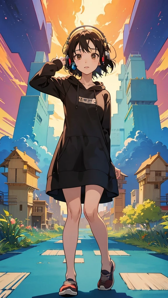 anime girl wearing headphones, praise girl, Animated film stills, Cartoon movie stills, Animated film stills, praise artstyle, Ghibli anime style style, praise colors, Anime movie screenshots, praise art, Ghibli anime style, praise, Stills from an animated movie, style of satoshi kon, Hair is black, Smartphone in hand, Brown eyes, Dress code: hoodie